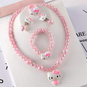 4pcs/Set Cartoon Sanrio Kawaii Hello Kitty Necklace, Hairclips & Ring Set