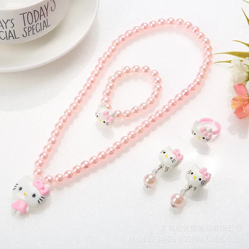 4pcs/Set Cartoon Sanrio Kawaii Hello Kitty Necklace, Hairclips & Ring Set - Image 2